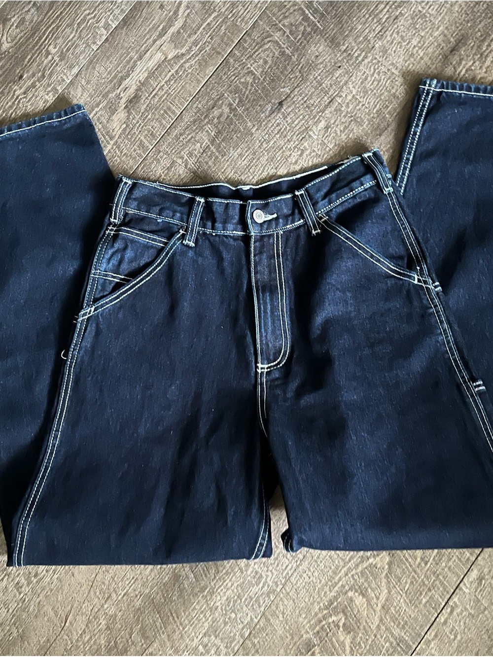 Brandy Melville Dark Navy Straight Jeans with White Stitching